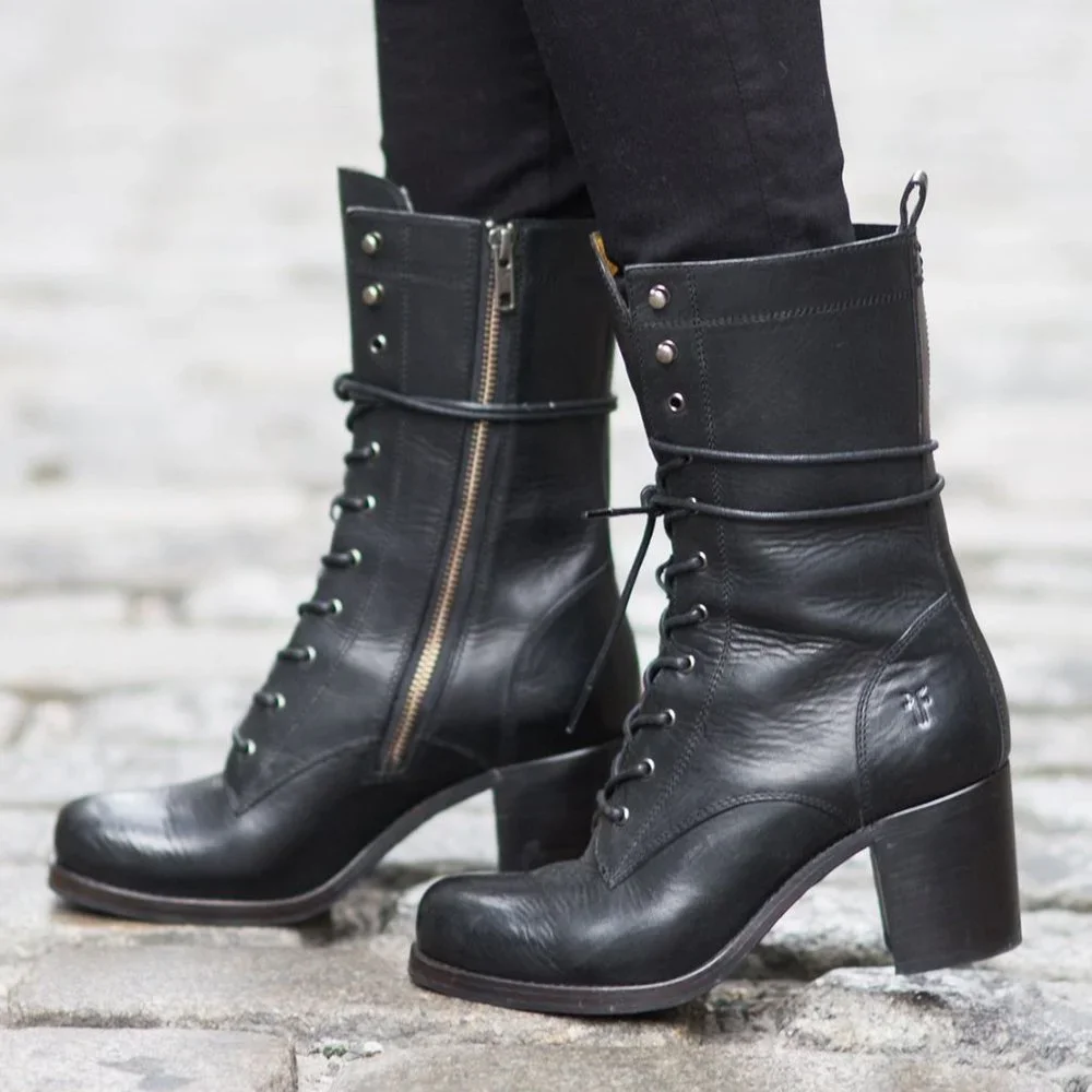 $429 Frye Kendall Lace Up Brown Genuine Leather Mid-Calf Heeled ZipUp Ankle Boot - Picture 7 of 16